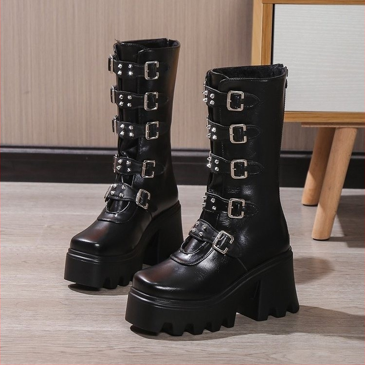 2023 Nezávislé stanice Čižmy Európske a americké kovové pracky hrubé dno vysoké čižmy Dámske Amazon veľké veľkosti vysoký podpätok zahraničný obchod Dámske čižmy