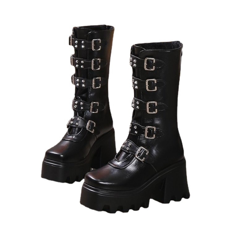 2023 Nezavisne stanice Čizme Europske i američke metalne kopče Debele dno Visoke čizme Ženske Amazon velike veličine Visoke pete Čizme za vanjsku trgovinu Ženske čizme