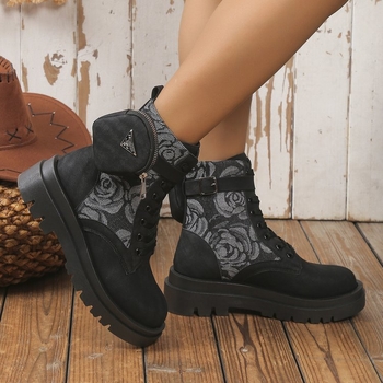 Ghete Martin cu vârf rotund, model negru personalizat, mărime plus, 2023, cizme noi la modă pentru femei, cu toc pătrat și șireturi în față, transfrontaliere, mărime plus