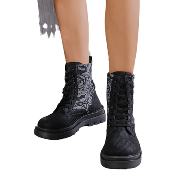 Ghete Martin cu vârf rotund, model negru personalizat, mărime plus, 2023, cizme noi la modă pentru femei, cu toc pătrat și șireturi în față, transfrontaliere, mărime plus