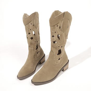 Cizme scurte scobite din fabrică, stil etnic retro nou, în stoc, cizme de motocicletă cu fund gros, cu toc mediu, cizme western la modă