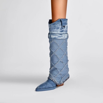 2024 Nove modne jednostavne oprane kaubojske čizme, šiljaste, debele pete, kopča za remen s krznenim rubom, duge čizme, modne čizme, ženske cipele, vanjske
