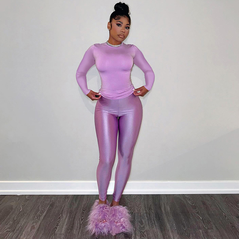 D24ST595 Amazon Jesenné 2024 Nové európske a americké dámske nohavice s okrúhlym výstrihom, dlhým rukávom a vysokým pásom, zoštíhľujúce, ležérny oblek