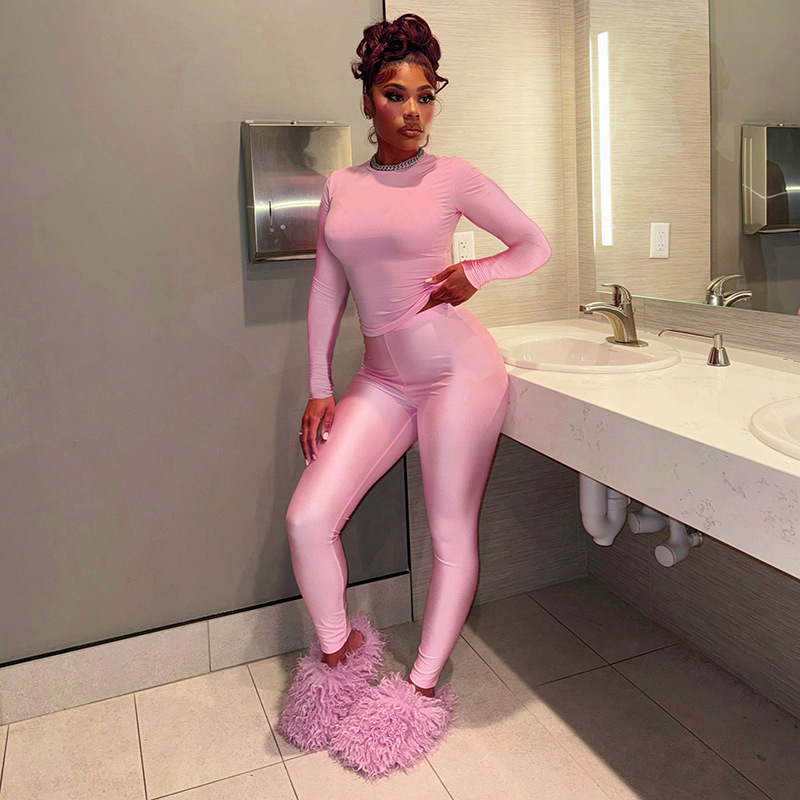 D24ST595 Amazon Jesenné 2024 Nové európske a americké dámske nohavice s okrúhlym výstrihom, dlhým rukávom a vysokým pásom, zoštíhľujúce, ležérny oblek