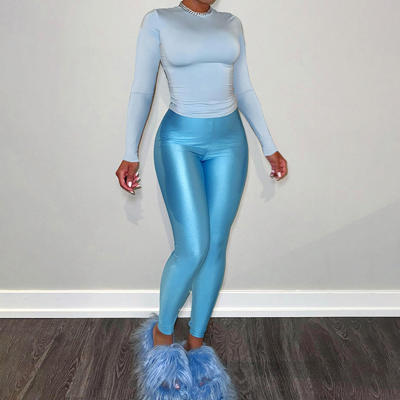 D24ST595 Amazon Jesenné 2024 Nové európske a americké dámske nohavice s okrúhlym výstrihom, dlhým rukávom a vysokým pásom, zoštíhľujúce, ležérny oblek