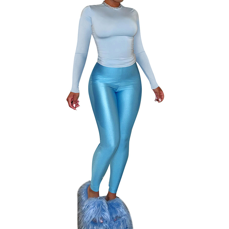 D24ST595 Amazon Jesenné 2024 Nové európske a americké dámske nohavice s okrúhlym výstrihom, dlhým rukávom a vysokým pásom, zoštíhľujúce, ležérny oblek