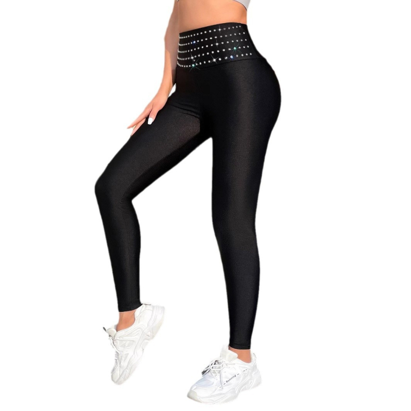 Cross-border Explosions sjajne tajice visokog struka s dijamantima i uzorkom vijenca, elastične jednobojne, uske, za mršavljenje, sportske tajice za jogu