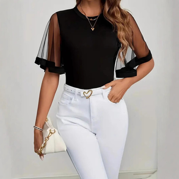 2025 Európa a Spojené štáty americké cezhraničný zahraničný obchod Amazon jar a leto nové ležérne mikroelastické módne priehľadné sieťované dámske oblečenie s rohovinovými rukávmi