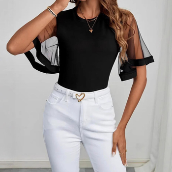 2025 Európa a Spojené štáty americké cezhraničný zahraničný obchod Amazon jar a leto nové ležérne mikroelastické módne priehľadné sieťované dámske oblečenie s rohovinovými rukávmi