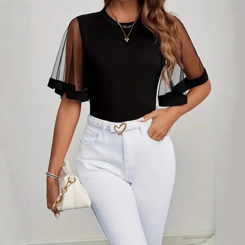 2025 Európa a Spojené štáty americké cezhraničný zahraničný obchod Amazon jar a leto nové ležérne mikroelastické módne priehľadné sieťované dámske oblečenie s rohovinovými rukávmi