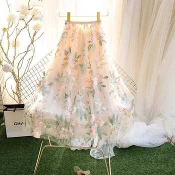 Νέα Φούστα Υψηλής Ποιότητας Φούστα Νεράιδας Φούστα με Κεντημένο Λουλούδι και Πλεκτό Πουγκί Φούστα Χαλαρή Λεπτή Μεγάλη Μακριά Φούστα σε Γραμμή Α