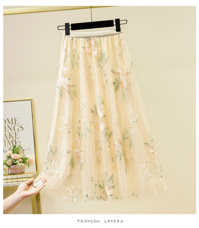 Nová sukňa, vysoko kvalitná rozprávková sukňa s vyšívaným kvetinovým sieťovaným vreckom, voľná tenká veľká dlhá sukňa v áčkovom strihu