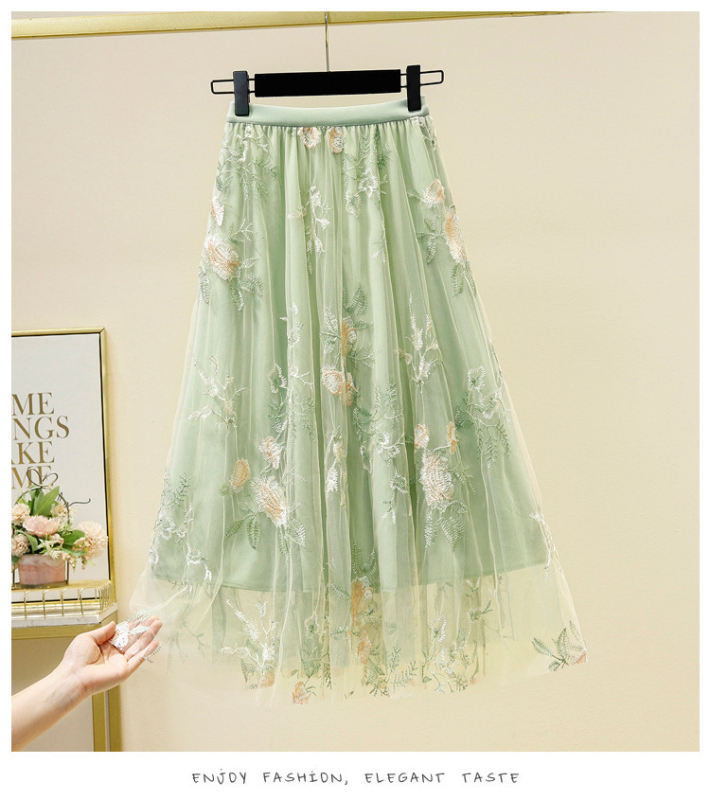Nová sukňa, vysoko kvalitná rozprávková sukňa s vyšívaným kvetinovým sieťovaným vreckom, voľná tenká veľká dlhá sukňa v áčkovom strihu
