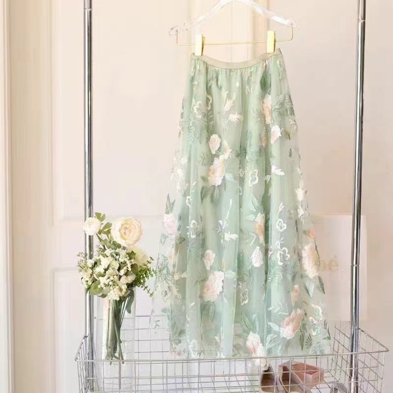 Nová sukňa, vysoko kvalitná rozprávková sukňa s vyšívaným kvetinovým sieťovaným vreckom, voľná tenká veľká dlhá sukňa v áčkovom strihu