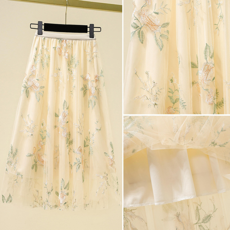 Nová sukňa, vysoko kvalitná rozprávková sukňa s vyšívaným kvetinovým sieťovaným vreckom, voľná tenká veľká dlhá sukňa v áčkovom strihu