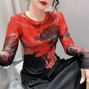 Dámske slim fit tričko s dlhým rukávom a okrúhlym výstrihom, sieťované, s kvetinovým vzorom, priliehavé, v západnom štýle, priamy predaj z továrne 2024