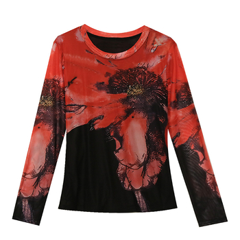 Dámske slim fit tričko s dlhým rukávom a okrúhlym výstrihom, sieťované, s kvetinovým vzorom, priliehavé, v západnom štýle, priamy predaj z továrne 2024