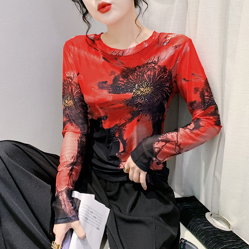 Dámske slim fit tričko s dlhým rukávom a okrúhlym výstrihom, sieťované, s kvetinovým vzorom, priliehavé, v západnom štýle, priamy predaj z továrne 2024