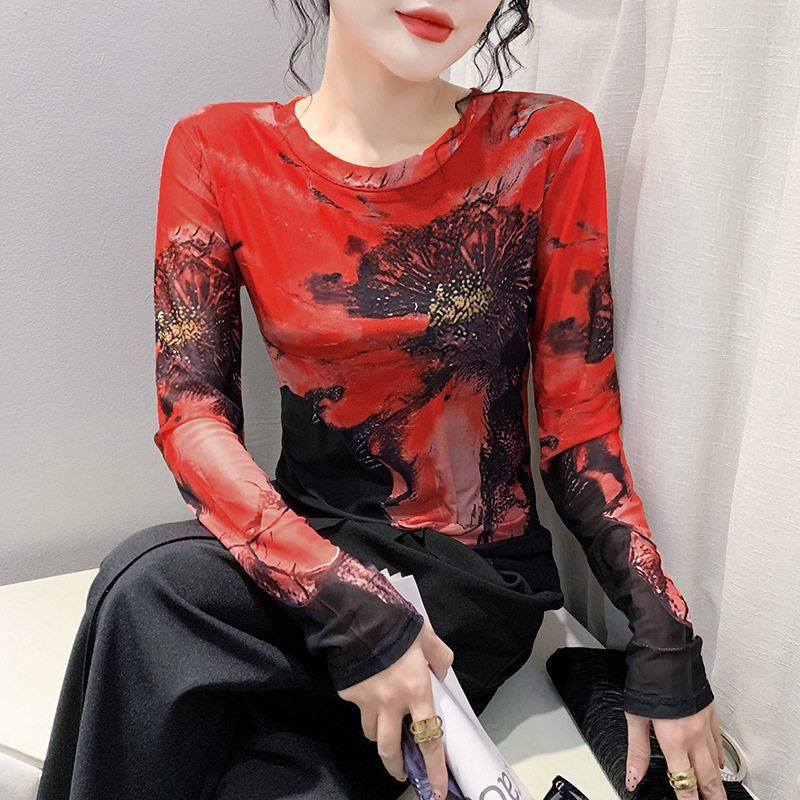 Dámske slim fit tričko s dlhým rukávom a okrúhlym výstrihom, sieťované, s kvetinovým vzorom, priliehavé, v západnom štýle, priamy predaj z továrne 2024