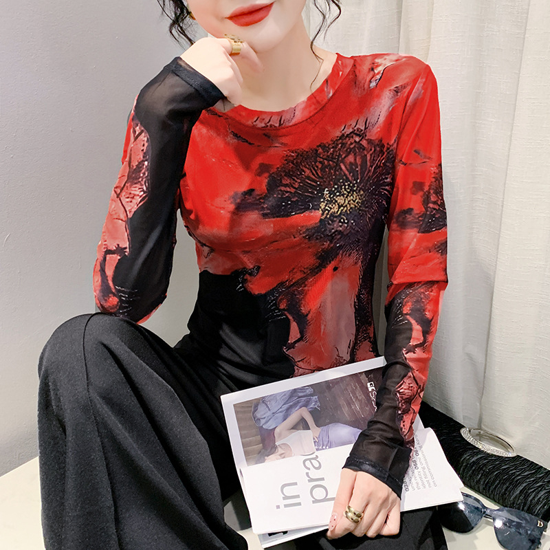 Dámske slim fit tričko s dlhým rukávom a okrúhlym výstrihom, sieťované, s kvetinovým vzorom, priliehavé, v západnom štýle, priamy predaj z továrne 2024