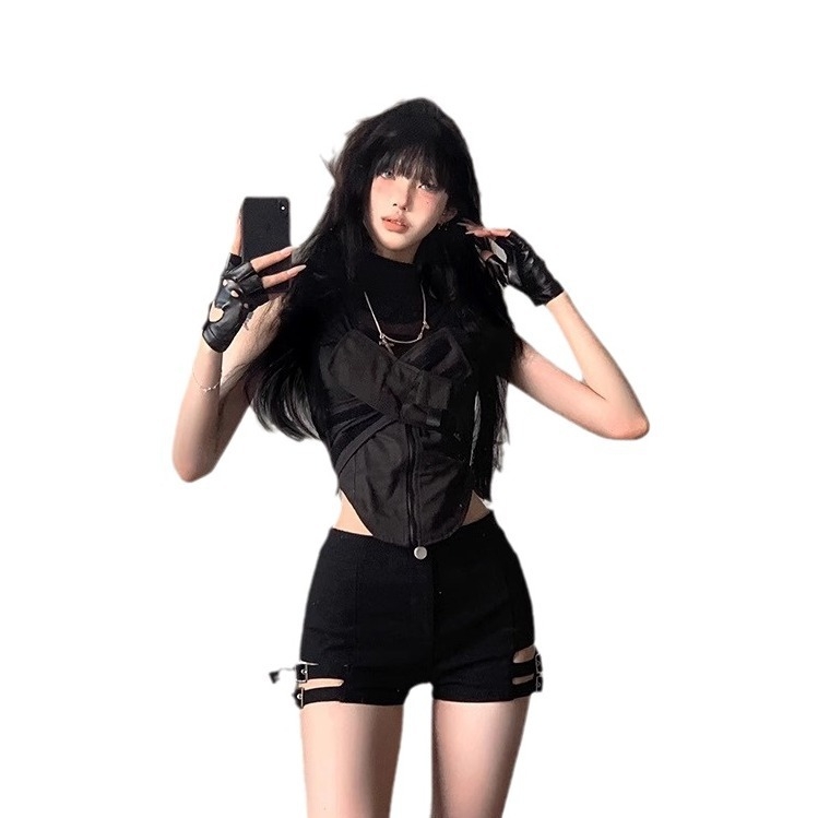 Vruće djevojke Ljetne punk hlačice za jazz ples, crne motociklističke visoke struke, elastične vruće hlačice za ples na šipki