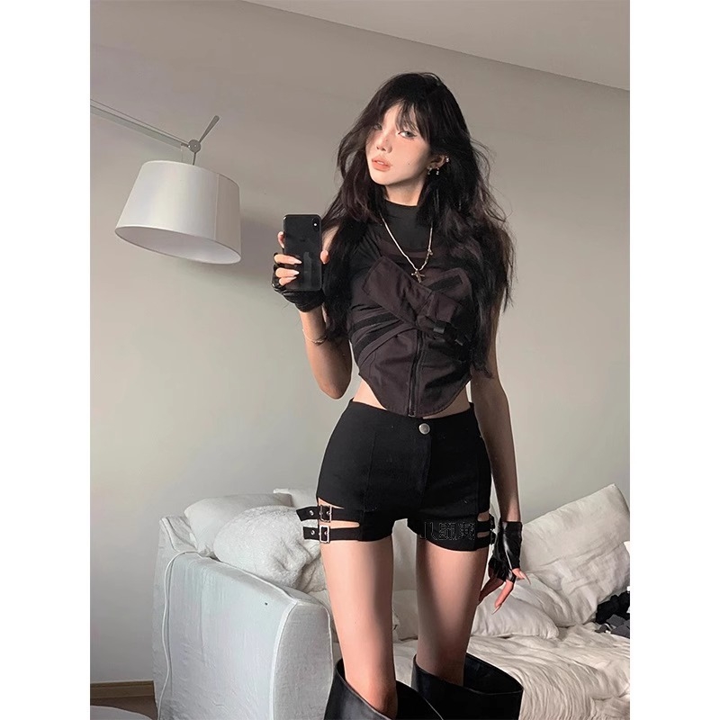 Vruće djevojke Ljetne punk hlačice za jazz ples, crne motociklističke visoke struke, elastične vruće hlačice za ples na šipki