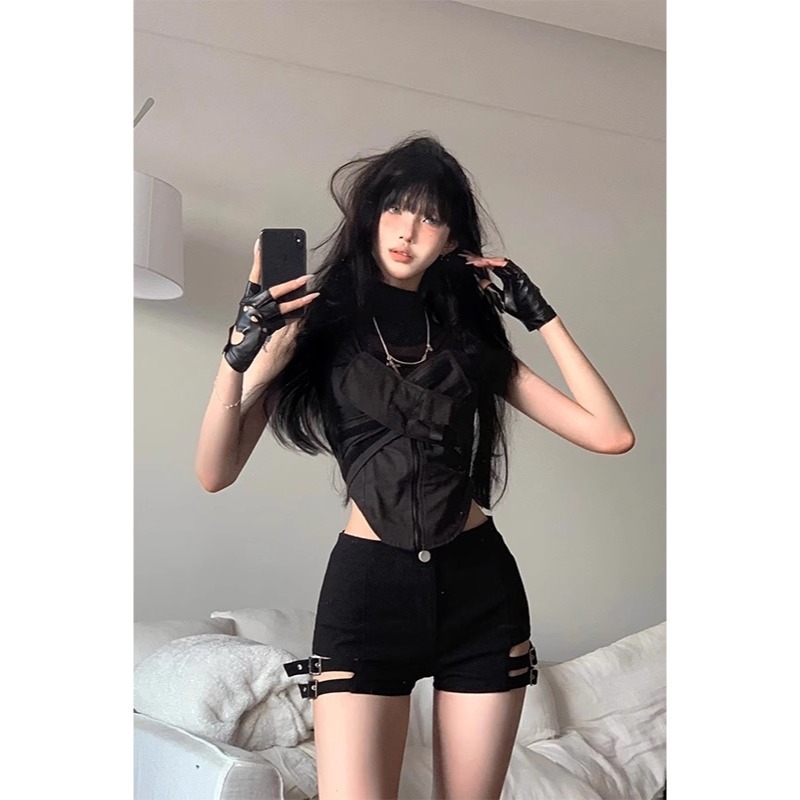 Vruće djevojke Ljetne punk hlačice za jazz ples, crne motociklističke visoke struke, elastične vruće hlačice za ples na šipki