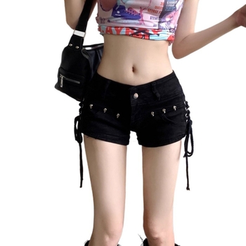 NUNBAI Američke retro uske crne traper kratke hlače za žene, novi ljetni dizajn s naramenicama