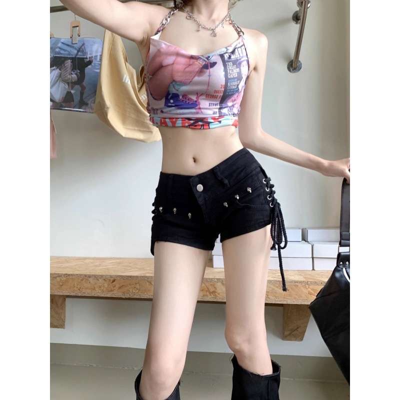 NUNBAI Američke retro uske crne traper kratke hlače za žene, novi ljetni dizajn s naramenicama