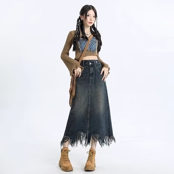 Γυναικεία φούστα τζιν ρετρό, ανοιξιάτικη και φθινοπωρινή, ψηλόμεση φούστα σε γραμμή Α, με ακανόνιστη, ξεφτισμένη μίντι φούστα και κρόσσια