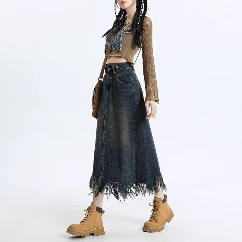Dámska jarná a jesenná retro džínsová sukňa s vysokým pásom, áčkovým strihom, nepravidelnými rozstrapkanými strapcami