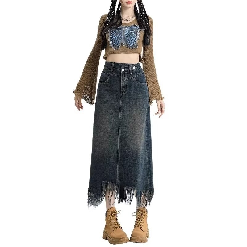 Dámska jarná a jesenná retro džínsová sukňa s vysokým pásom, áčkovým strihom, nepravidelnými rozstrapkanými strapcami