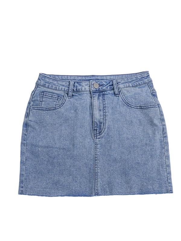 Dámska džínsová minisukňa Py1042 v pouličnom štýle s rozstrapkaným lemom a prednými a zadnými vreckami