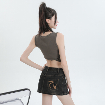 Γυναικεία φούστα τζιν, καλοκαιρινή, νέα, ψηλόμεση φούστα σε γραμμή Α, με κέντημα και δέσιμο στους γοφούς, για το καλοκαίρι του 2024.