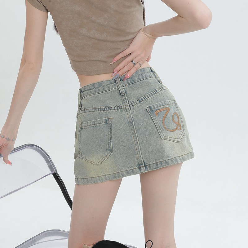 Dámska džínsová sukňa, letná nová sukňa s vysokým pásom, zoštíhľujúca, strih A, malá vyšívaná sukňa na bokoch, zavinovacia krátka sukňa