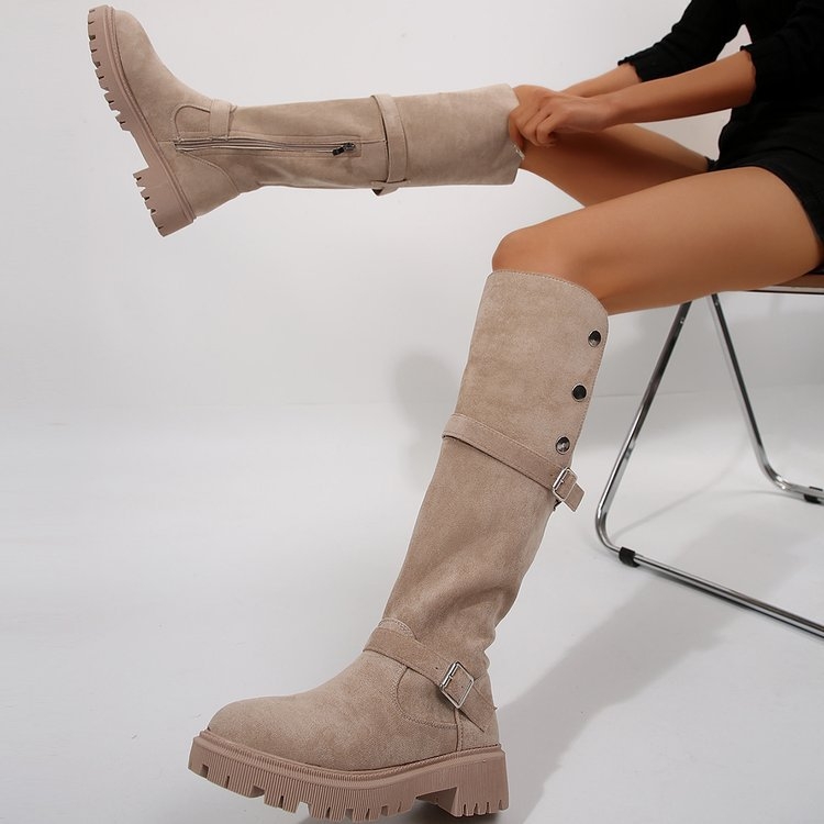 Velike veličine, britanske viteške čizme za dva nošenja, zima 2024., nove vintage čizme od brušene kože s niskom petom za žene