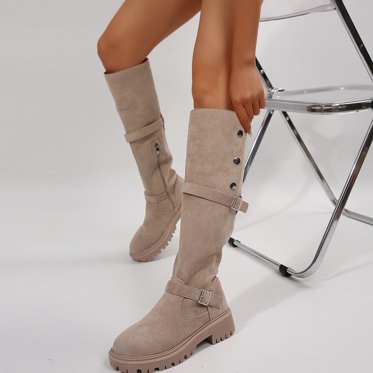 Velike veličine, britanske viteške čizme za dva nošenja, zima 2024., nove vintage čizme od brušene kože s niskom petom za žene