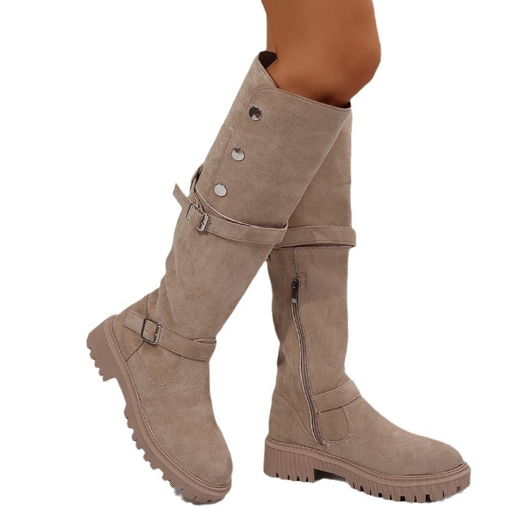 Velike veličine, britanske viteške čizme za dva nošenja, zima 2024., nove vintage čizme od brušene kože s niskom petom za žene