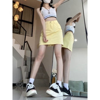 Svijetložuta traper suknja do pola tijela za žene, ljetna, visoki struk, nova uska kratka suknja čiste boje, svestrana jednostavna suknja INS