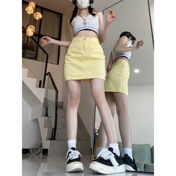 Svijetložuta traper suknja do pola tijela za žene, ljetna, visoki struk, nova uska kratka suknja čiste boje, svestrana jednostavna suknja INS