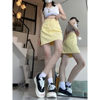 Svijetložuta traper suknja do pola tijela za žene, ljetna, visoki struk, nova uska kratka suknja čiste boje, svestrana jednostavna suknja INS
