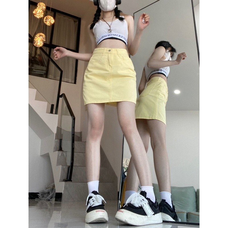Svijetložuta traper suknja do pola tijela za žene, ljetna, visoki struk, nova uska kratka suknja čiste boje, svestrana jednostavna suknja INS