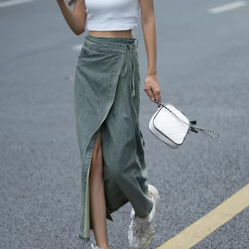 Dámska rifľová sukňa v čínskom štýle, vintage, s vysokým pásom, sťahujúca, s rozparkom, letná midi sukňa z džínsov a praním
