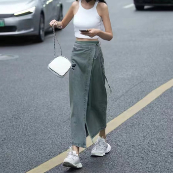 Γυναικεία φούστα τζιν κινέζικου στυλ vintage πλυμένο καλοκαίρι 2024 νέα ψηλόμεση φούστα midi με αδυνάτισμα και σχιστό σχέδιο