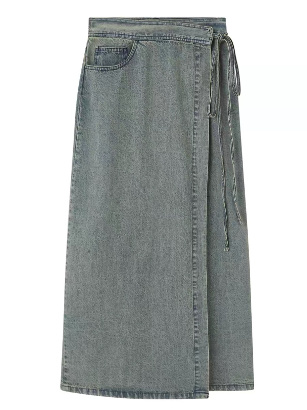 Dámska rifľová sukňa v čínskom štýle, vintage, s vysokým pásom, sťahujúca, s rozparkom, letná midi sukňa z džínsov a praním