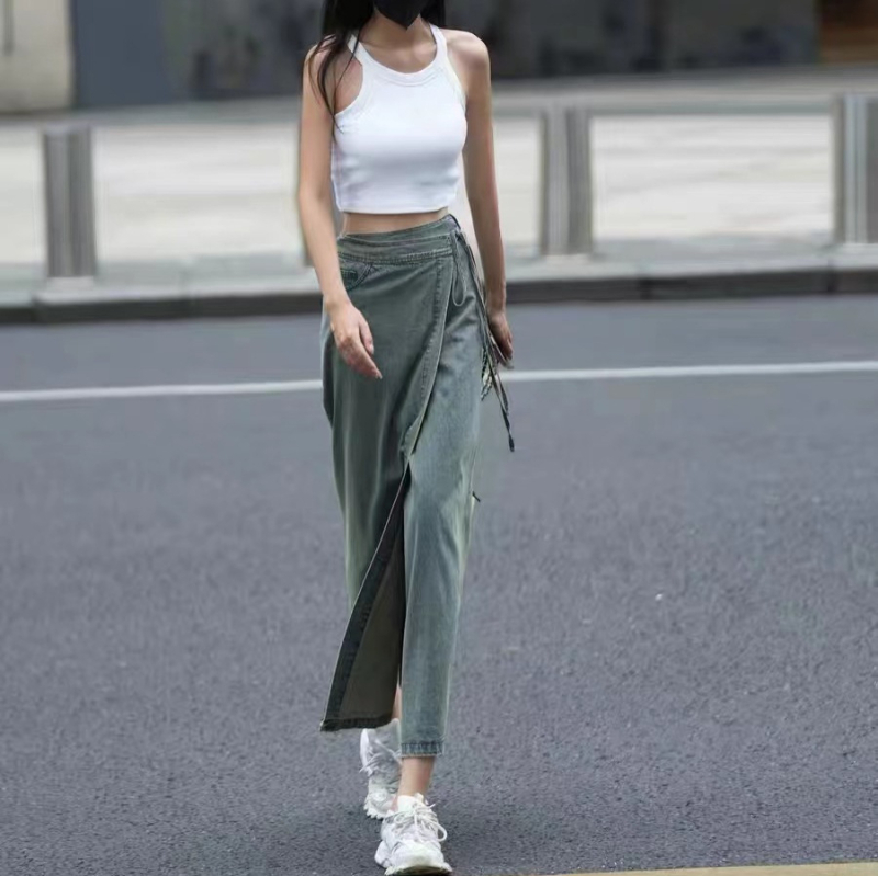 Dámska rifľová sukňa v čínskom štýle, vintage, s vysokým pásom, sťahujúca, s rozparkom, letná midi sukňa z džínsov a praním