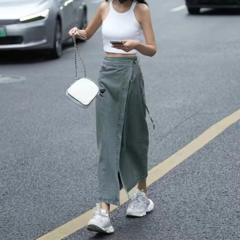 Dámska rifľová sukňa v čínskom štýle, vintage, s vysokým pásom, sťahujúca, s rozparkom, letná midi sukňa z džínsov a praním