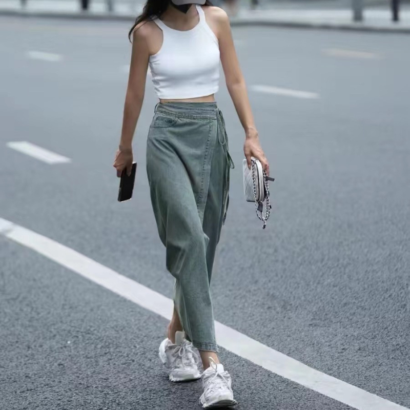 Dámska rifľová sukňa v čínskom štýle, vintage, s vysokým pásom, sťahujúca, s rozparkom, letná midi sukňa z džínsov a praním