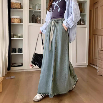 Γυναικεία φούστα τζιν με λάστιχο στη μέση, ανοιχτό μπλε, σε γραμμή Α, μεσαίου μήκους, μεγάλο τελείωμα, σε ασιατικό μέγεθος, για διασυνοριακές εξαγωγές