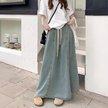 Γυναικεία φούστα τζιν με λάστιχο στη μέση, ανοιχτό μπλε, σε γραμμή Α, μεσαίου μήκους, μεγάλο τελείωμα, σε ασιατικό μέγεθος, για διασυνοριακές εξαγωγές